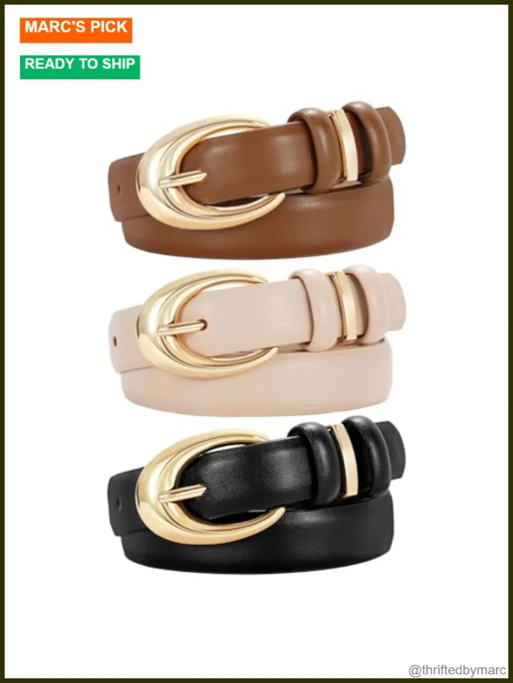3 Pack Faux Leather Belt with Gold Buckle for Women